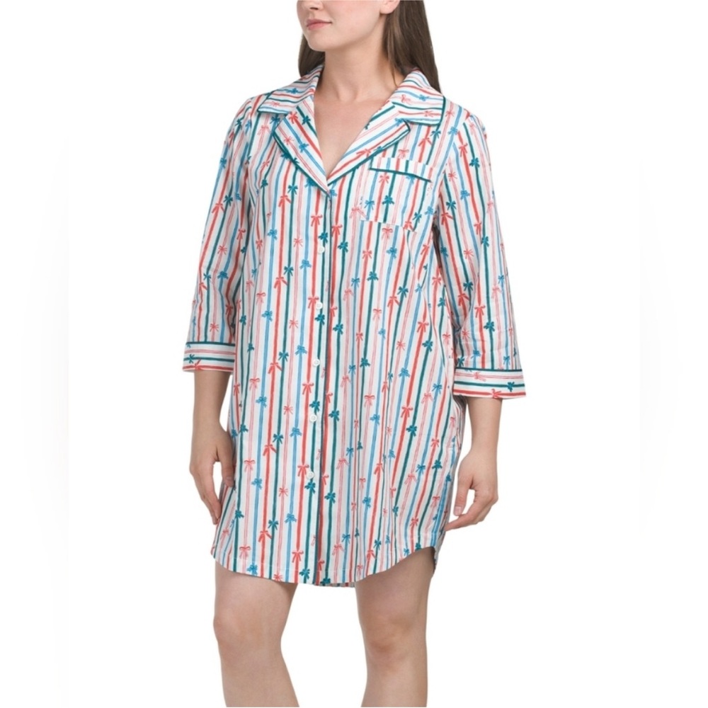 Striped Palm-Print Nightshirt - White with Pink & Teal
